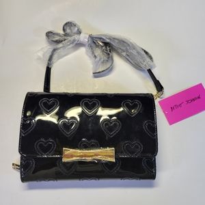 Betsey Johnson Black Patent Multi Pockets Crossbody Clutch Shoulder Bag NWT